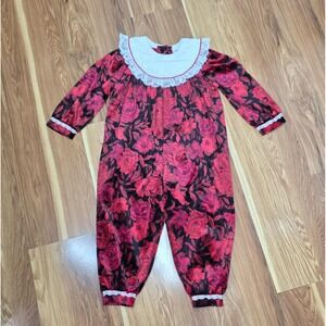 Vintage‎ Fancy Pants Jumpsuit Girls 3T Red Rose Floral Lace Collar Made USA 90s